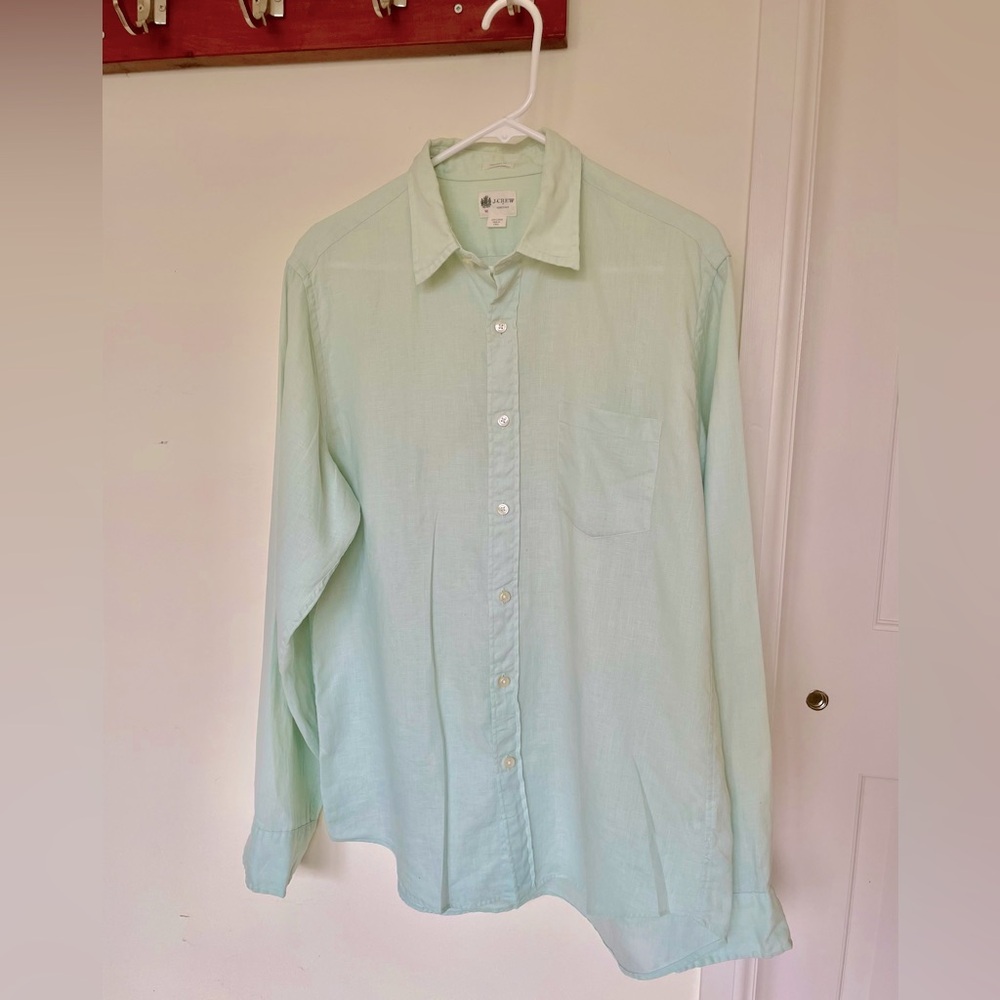J Crew Men Linen Shirt Medium Beautiful Sea Mint Green Color Excellent Condition